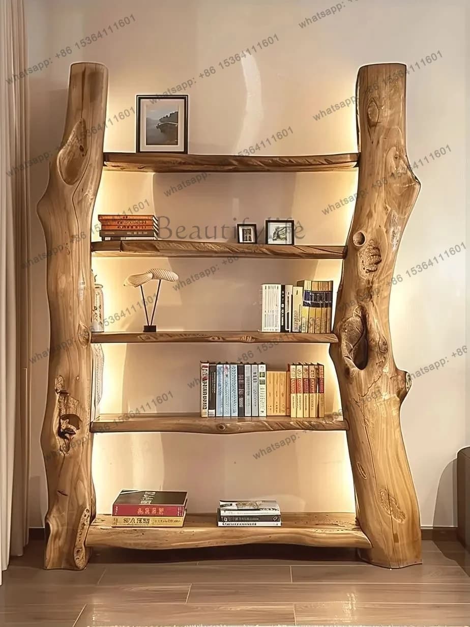 09 wood storage log retro bookshelf living room new Chinese multi-layer bookcase display natural dead wood tree
