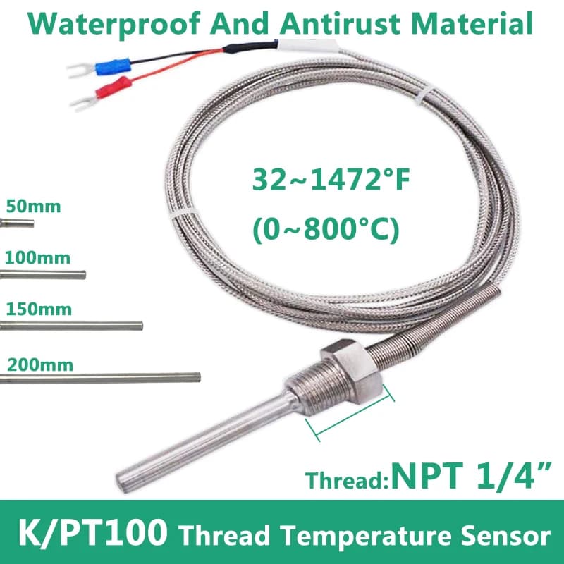 800°C Degree High Temperature Sensor Thread NPT 1/4  Stainless Steel Probe K Type PT100 Thermocouple Tube Temperature Controller