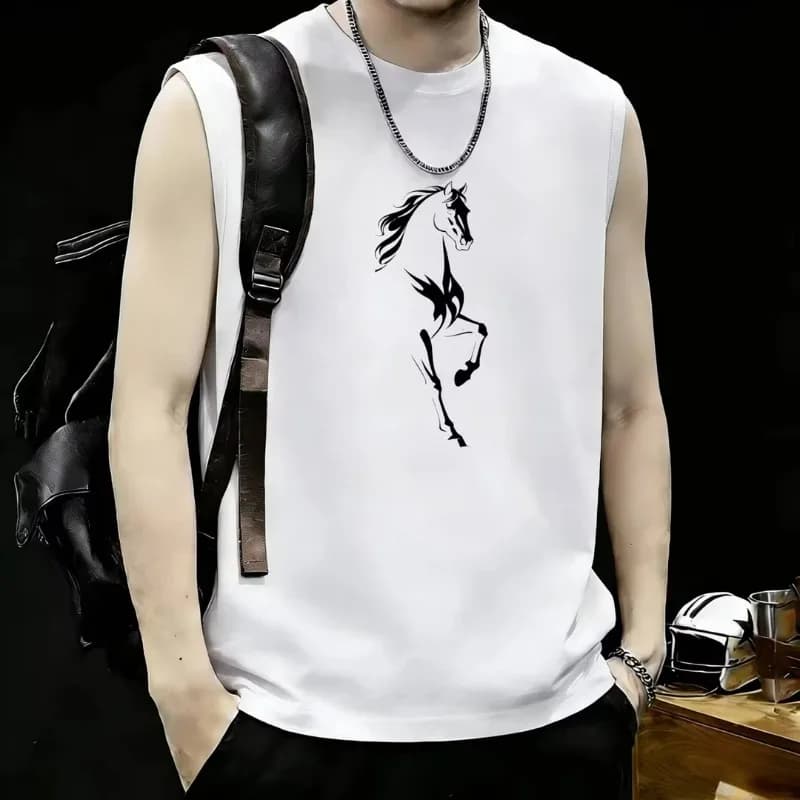 The New Men's Sleeveless Vest Is A Summer Trend Loose Pure Cotton Printed Horse Pattern Casual Waistcoat with A Hong Kong Style
