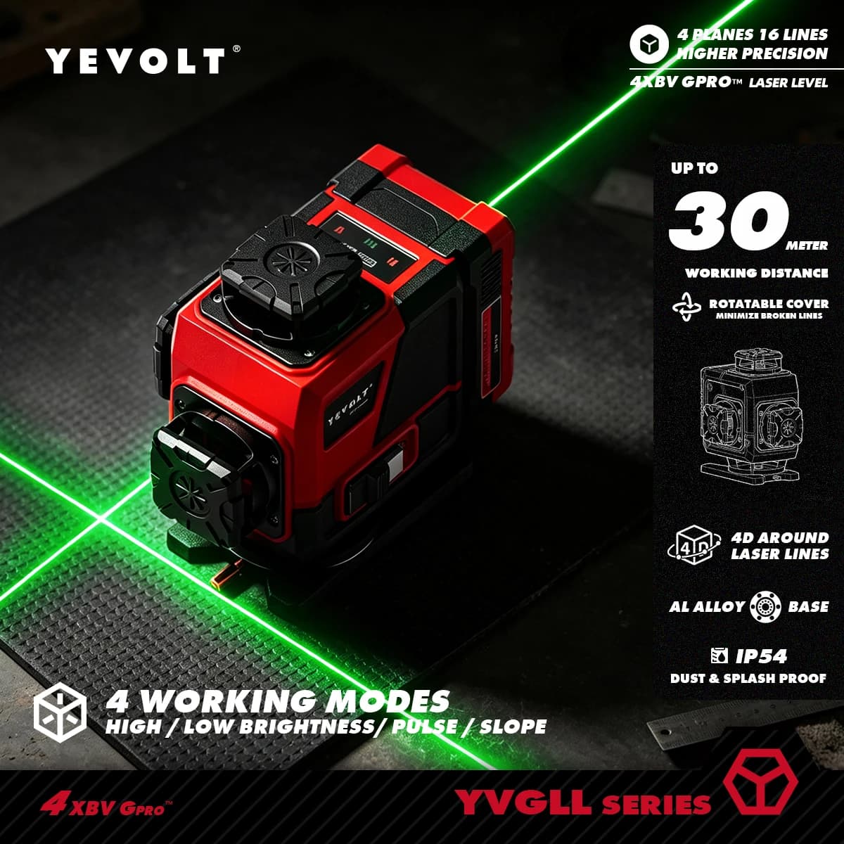 YEVOLT 4x360° 16 Line Green Self Leveling Laser Level Laser Measuring Instrument for Household DIY Wall Tiling Picture Hanging