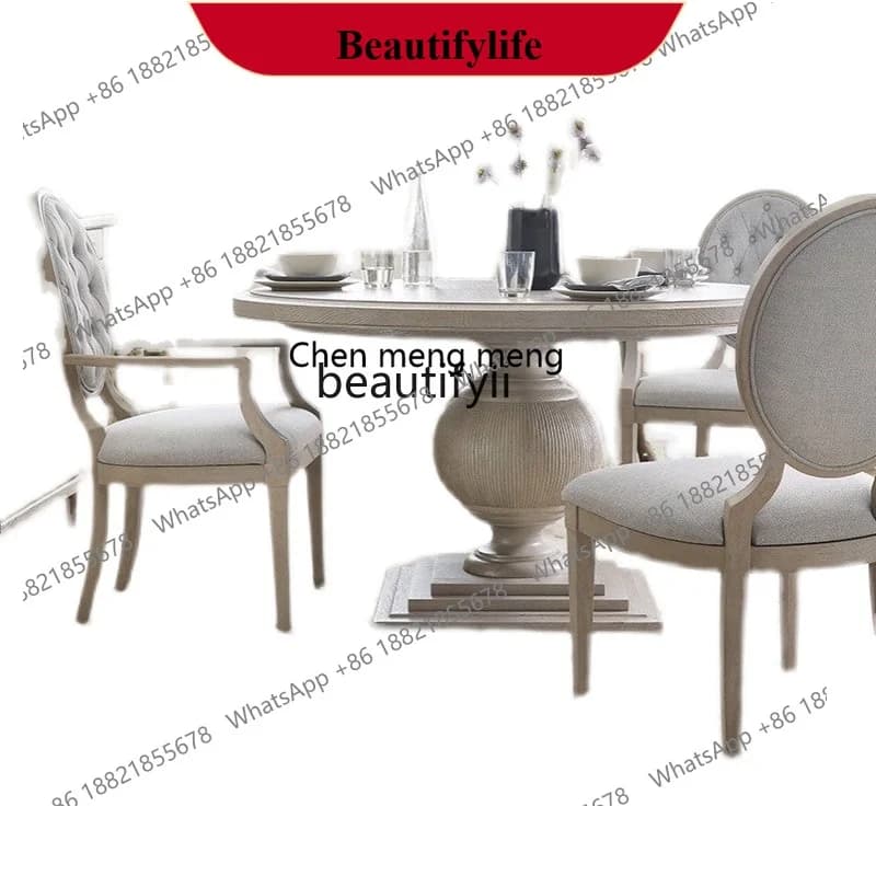 z183  American solid wood round dining table and chair combination French retro old restaurant light luxury dining table