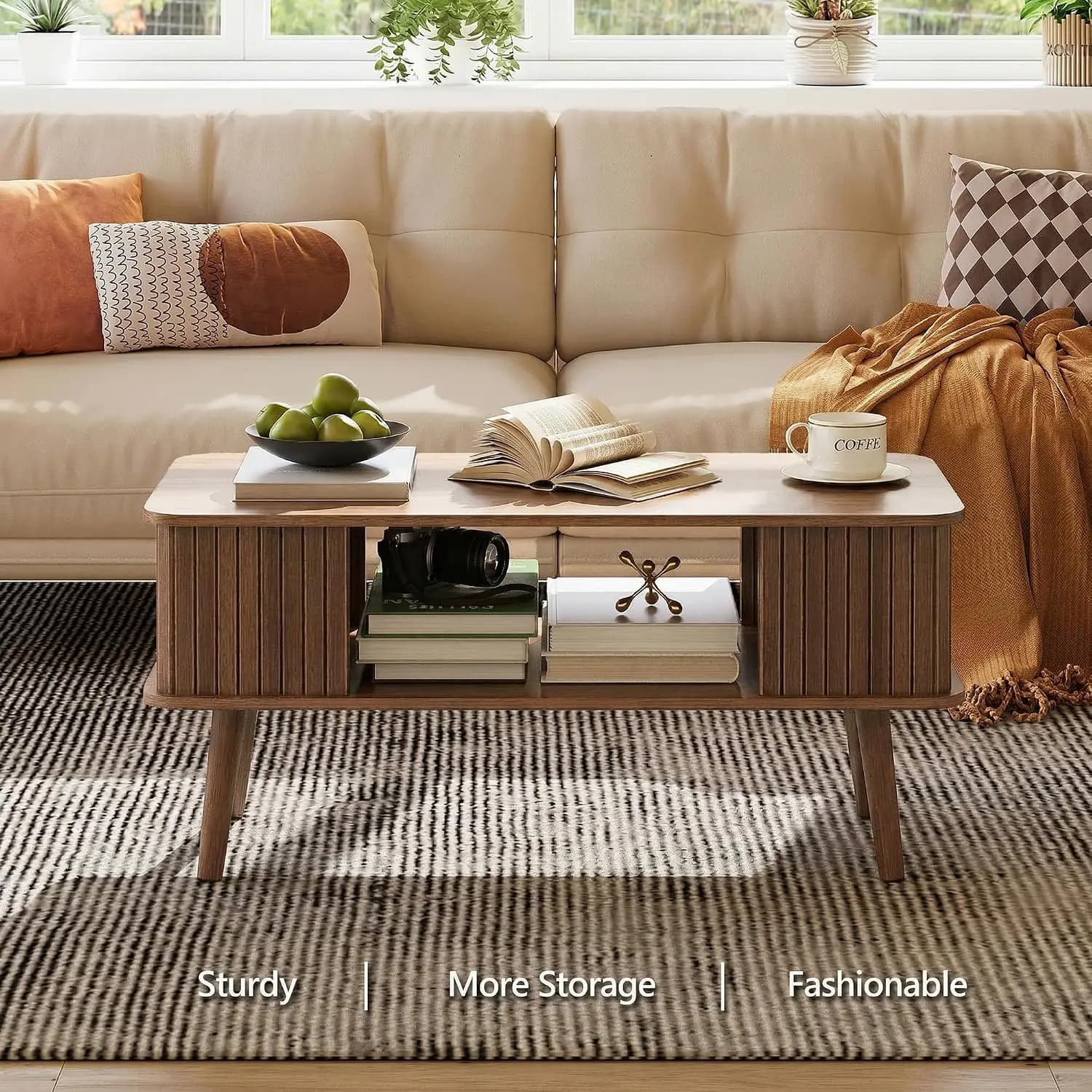 Coffee Table with Storage Center Table for Living Room Rectangle Coffee Table with Rounded Edges,Easy Assembly, Walnut