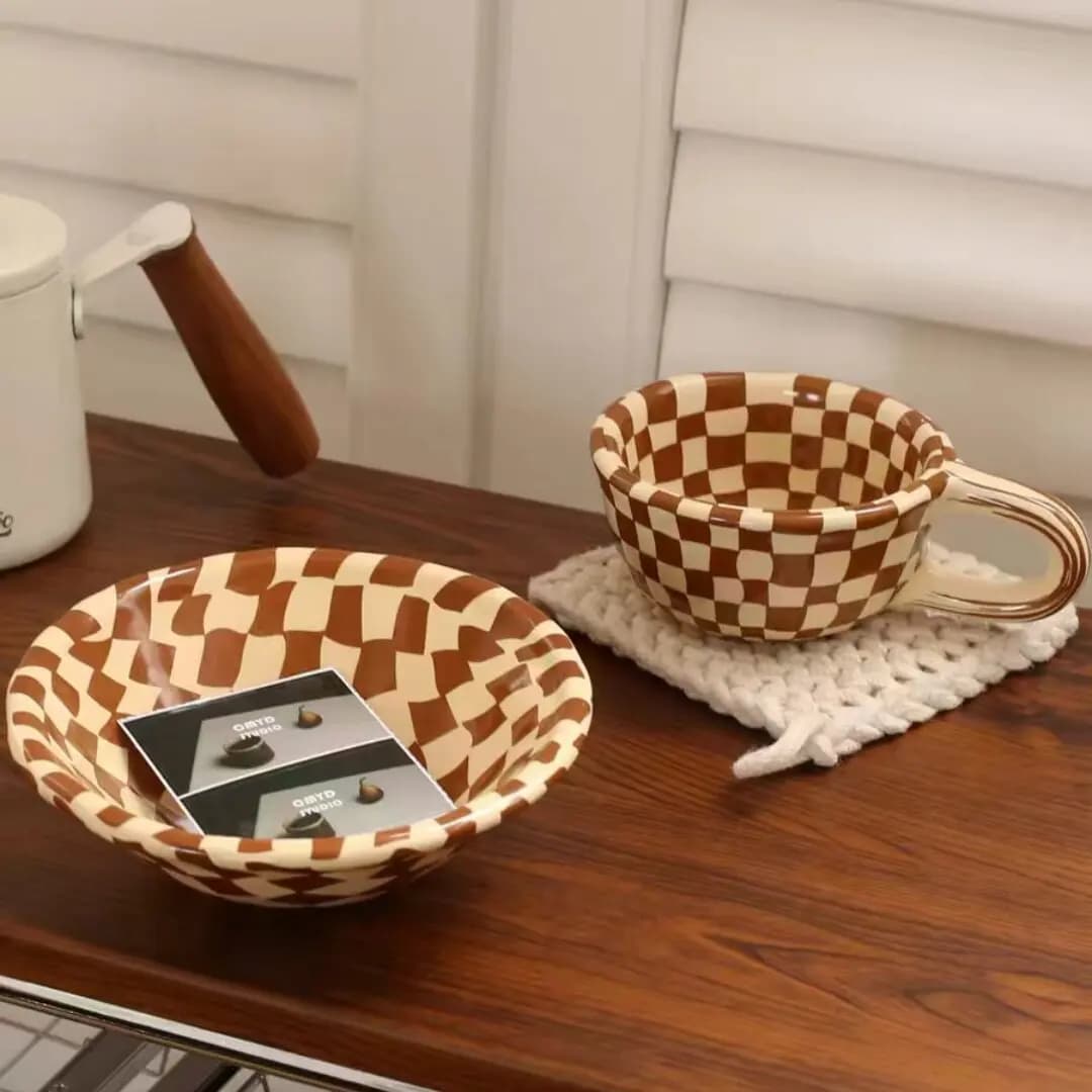 Vintage Brown Checkerboard Ceramic Tableware, Irregular Grid Bowl Coffee Mug Set for Breakfast Salad Milk Cup Kitchen Decor