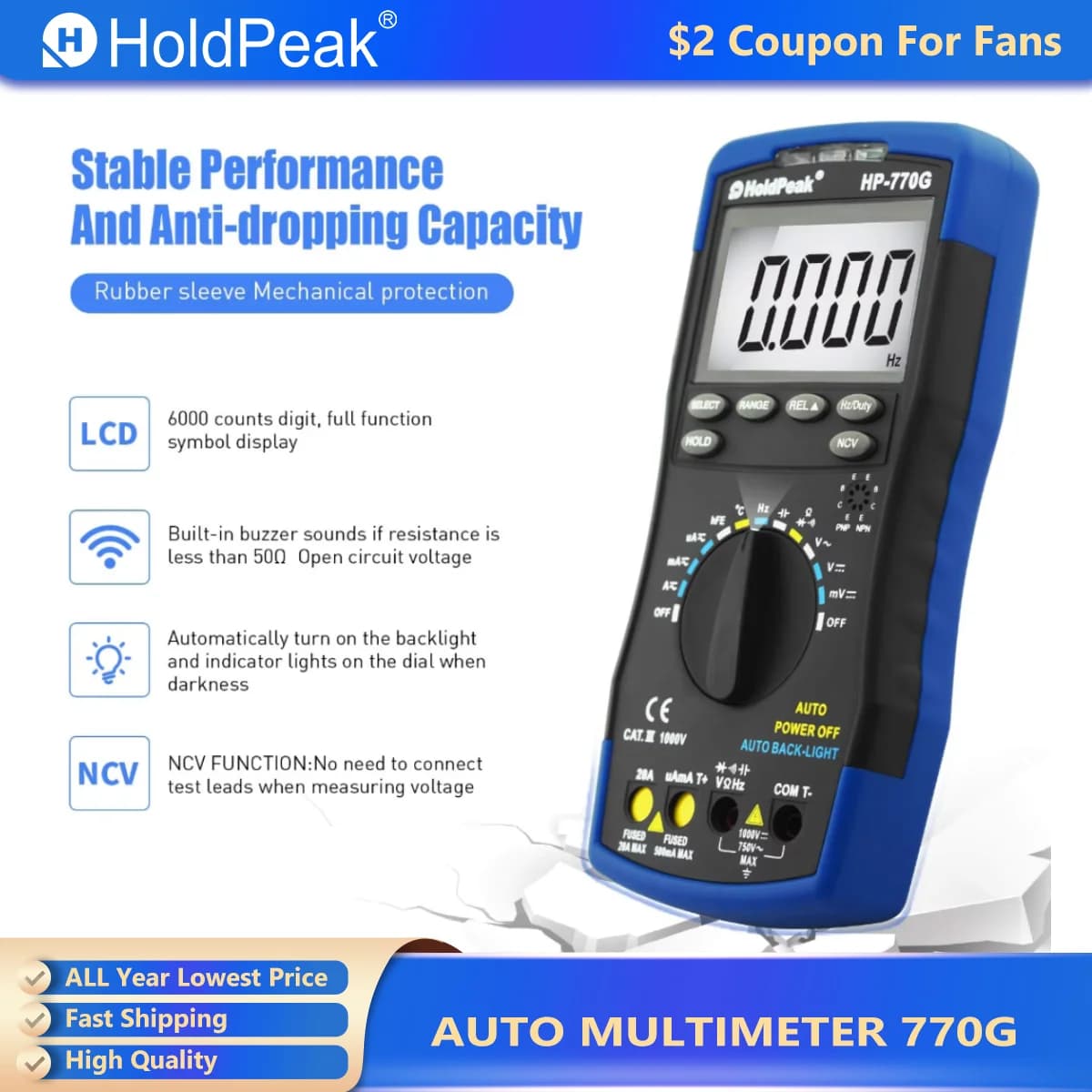 Digital Multimeter HOLDPEAK 770G Auto-Ranging DMM Electrical Meter Tester 4000 Counts for AC/DC Amp, AC/DC Voltage NCV Diode HFE