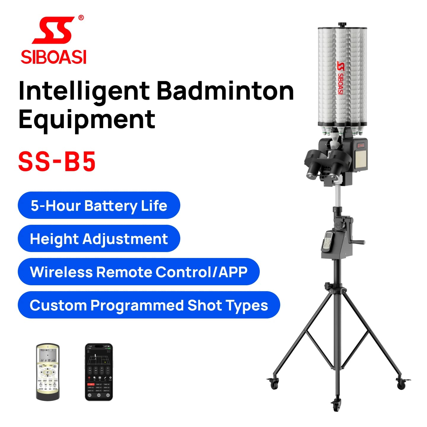 SIBOASI Professional Online Coach Badminton Machine Portable Training Feeder 180 Balls Big Capacity Shuttlecock Collector Metal