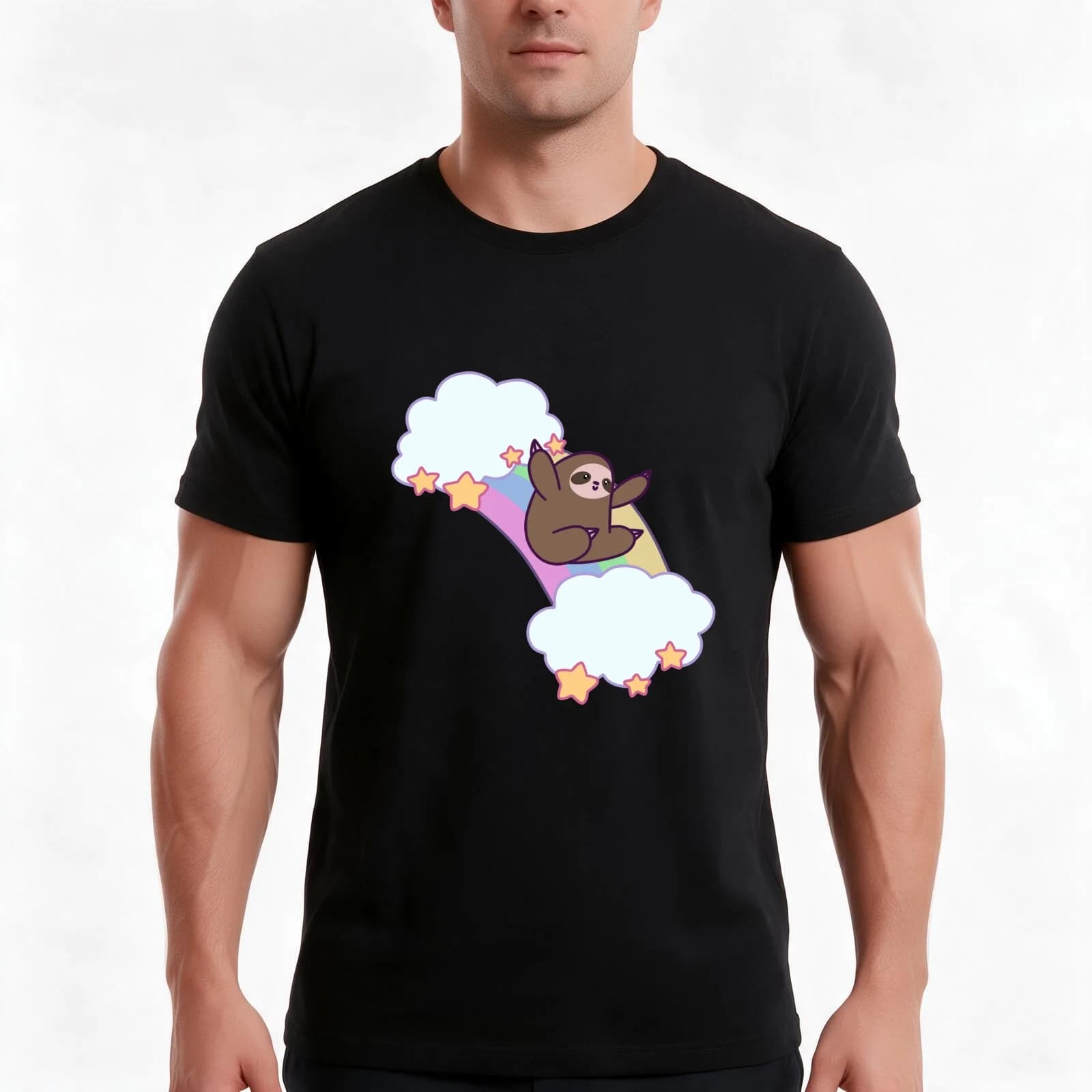 Rainbow Cloud Sloth T-Shirt, Summer Casual Cotton Tee, Oversized Streetwear Tops, Vintage Graphic Print, Loose Fit Short Sleeve