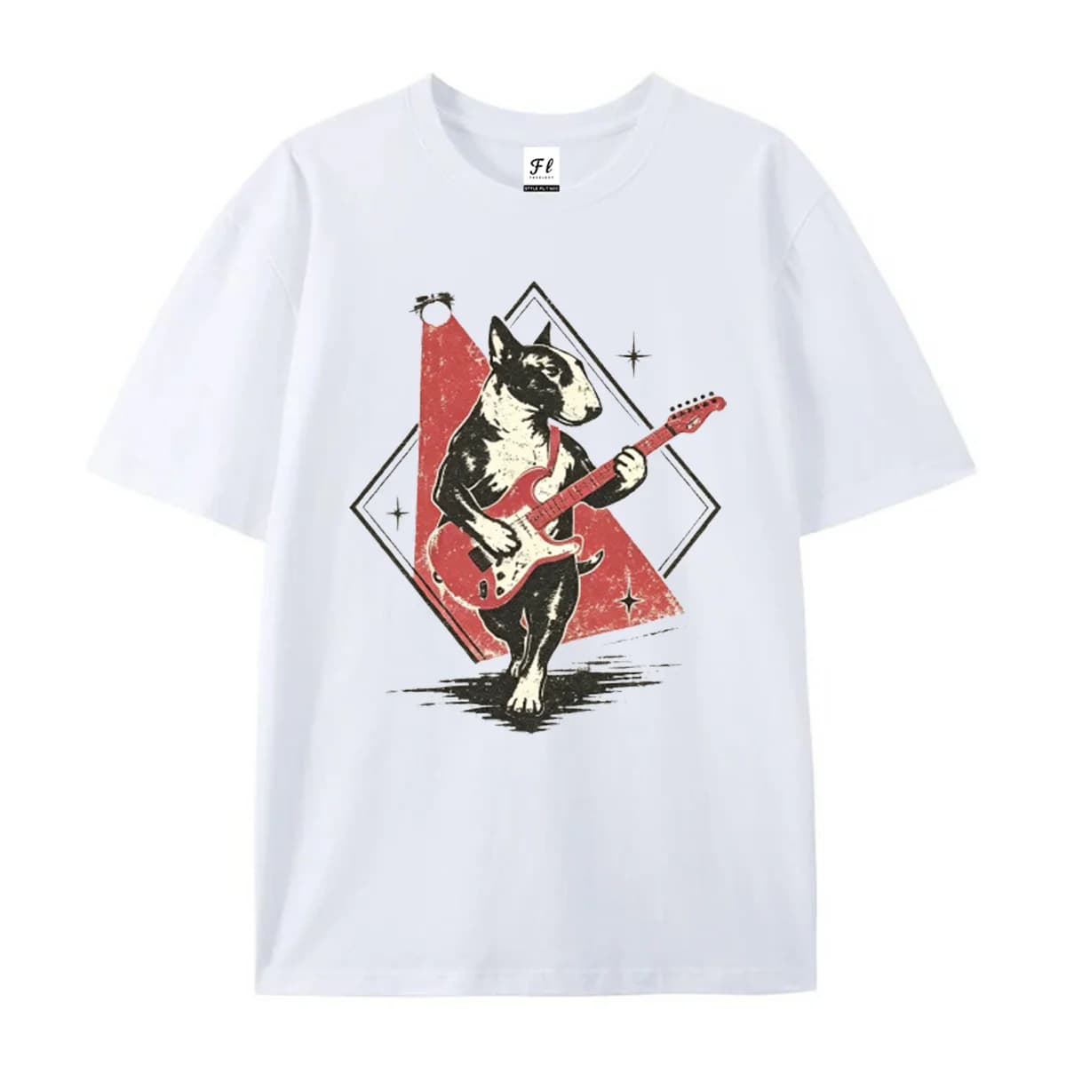 Retro Rock Star Bull Terrier Graphic T‑Shirt Vintage Dog Playing Electric Guitar Print Rock And Roll Pet Casual Unisex Shirts