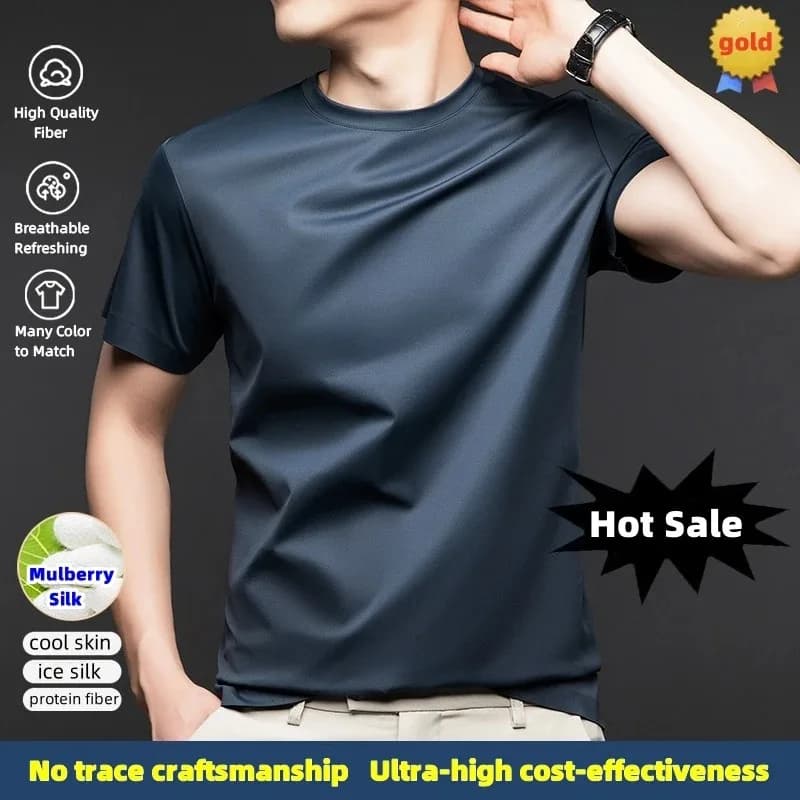 Luxurious Man Mulberry Silk T-shirts Anti Wrinkle Seamless Elastic Tee Tops Breathable Soft High End Ice Cool Feel Casual Tshirt
