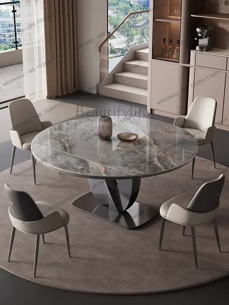 Modern Luxury Rock Slab Dining Table Telescopic Square To Round Extendable Multifunctional DiningRoom Furniture Dining Table Set