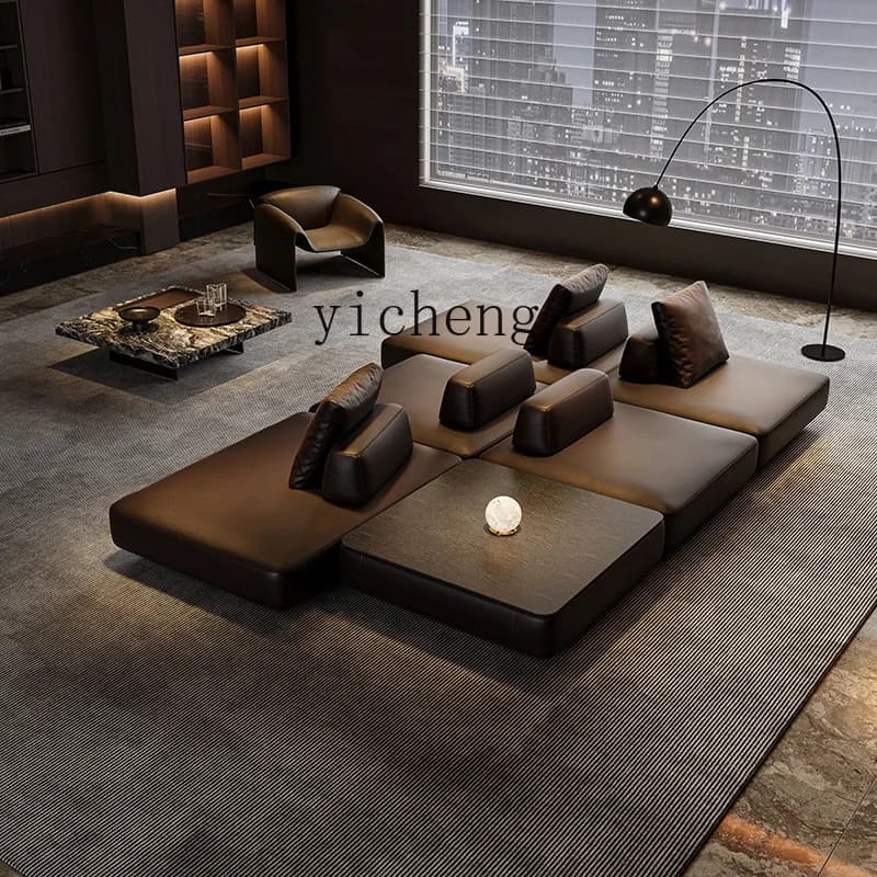 H3-19  black minimalist module leather sofa free combination not against the wall living room horizontal hall