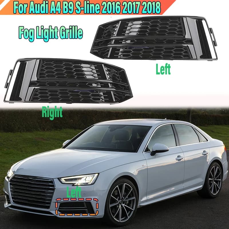 For Audi A4 B9 S-line Left& Right Fog Light Grille Glossy Black Car Front Bumper Lower Lamp Grid Cover Trim 2016 2017 2018