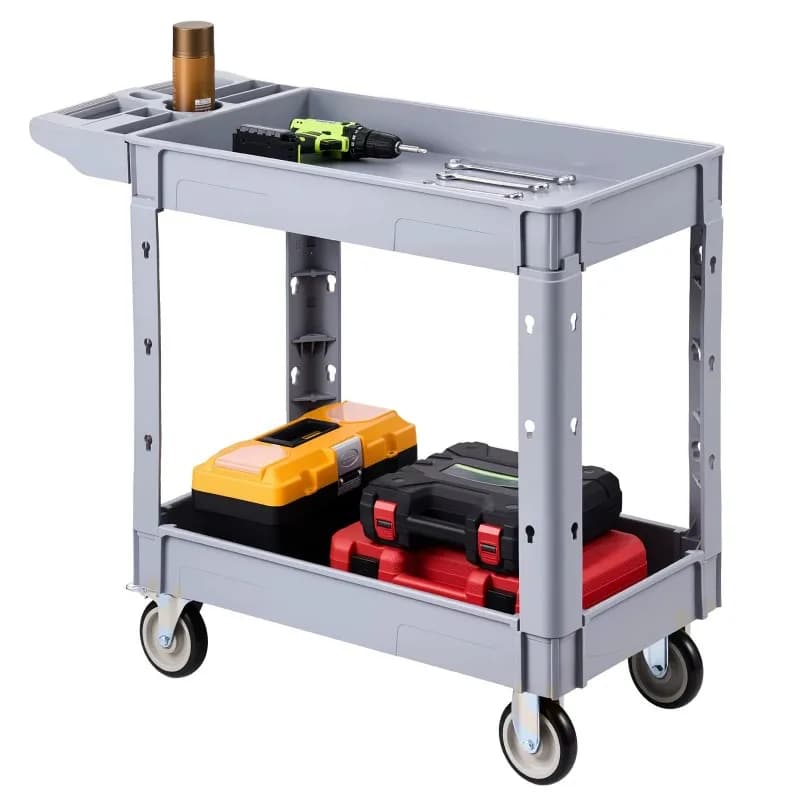 Heavy-duty utility cart, 2-deck, with 360-degree rotating fixed wheels and 2 brakes