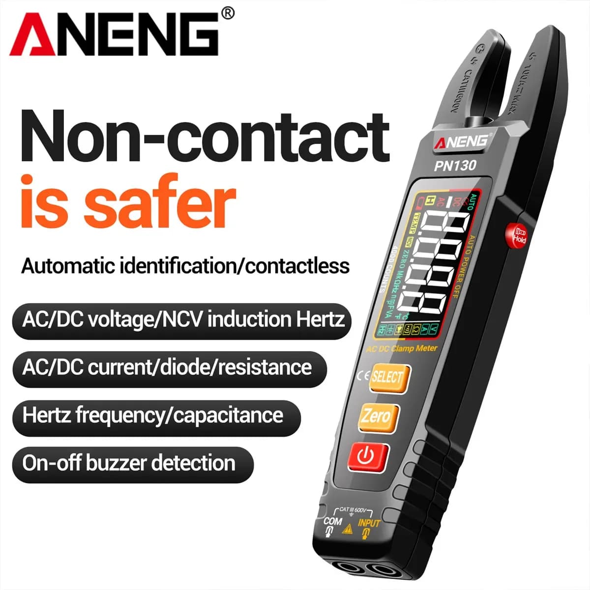 ANENG PN130 Digital Clamp Meter 100A AC DC Current NCV Auto Range Type-C USB Charge Color Screen Flashlight Electrical Test Tool