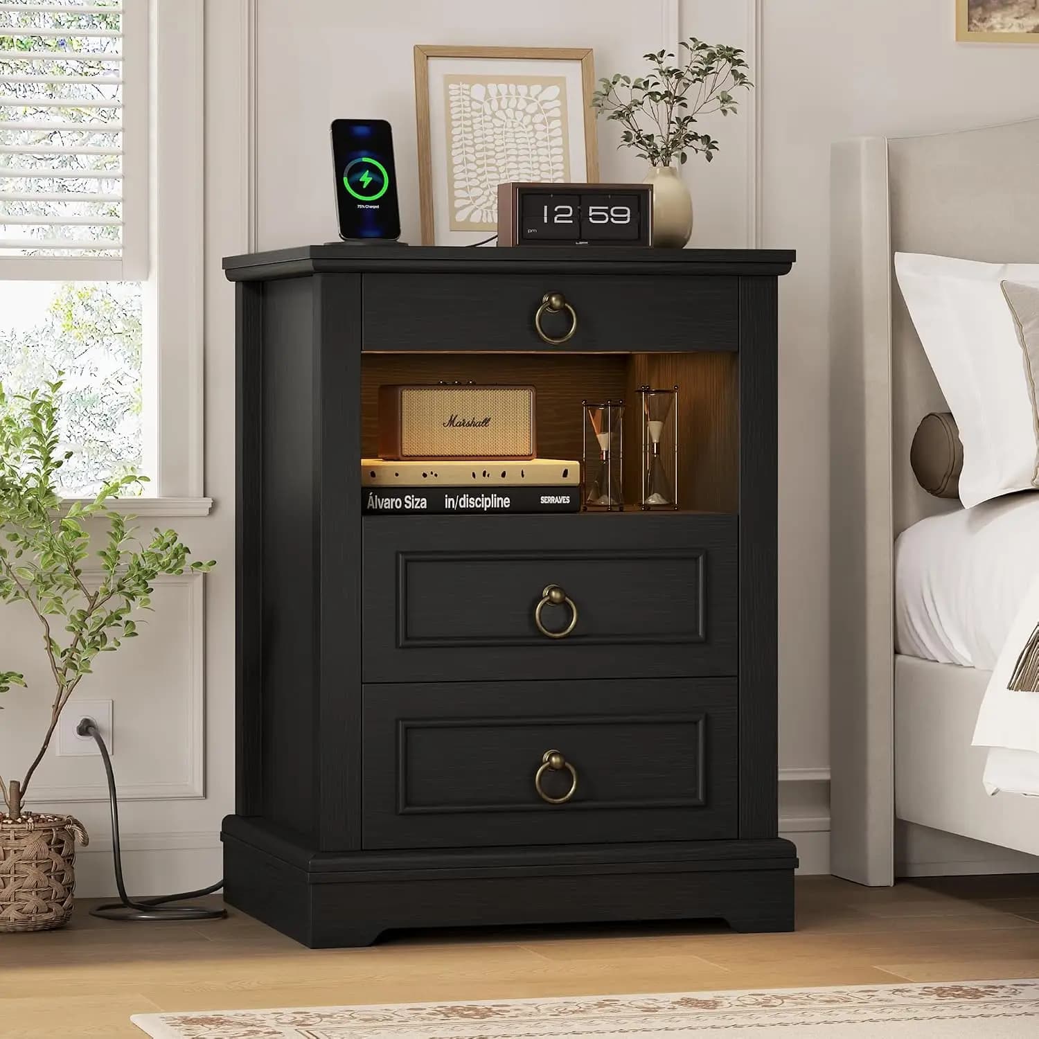 Black LED Nightstand with Charging Station, 3 Drawers Bedside Table with Open Shelf, Farmhouse Night Stands with Storage