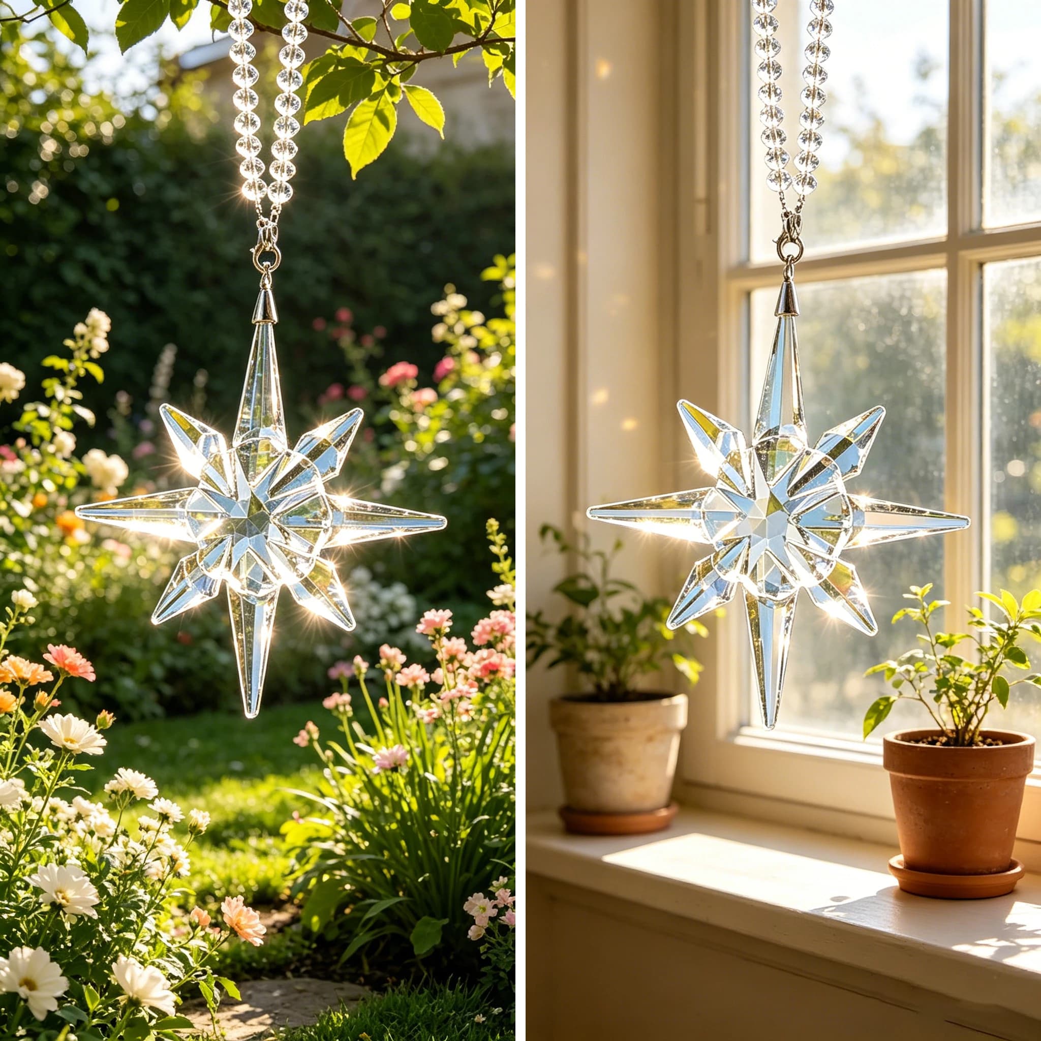 8 Point North Star Multi Facet Crystal Hanging Ornament Car Rearview Mirror Rainbow Prism Suncatcher Window Decor Pendant Gift