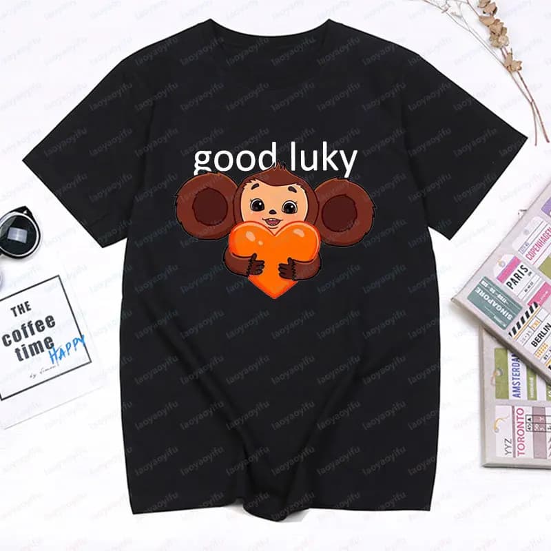 Funny Russia Cartoon Cheburashka Baby Crocodile T Shirt Kawaii O-neck Big-eyed Monkey Pattern Printed T-shirt Tops Hipster Tops