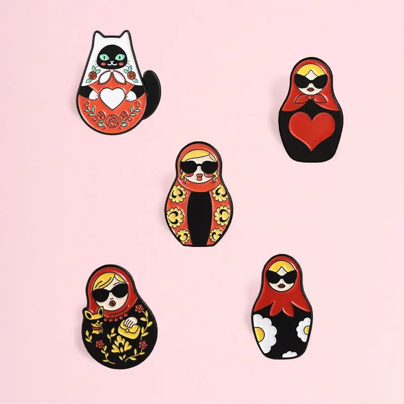 Russian Cartoon Sunglasses Matryoshka Cat Brooch Vintage Metal Badge Pin DIY Clothing Bags Hat T-shirt Accessories Unisex Gift