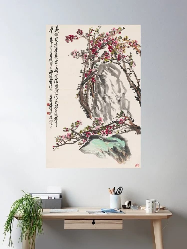 Apricot Blossom Painting Flower and Bird, Print Art Canvas Poster, For Living Room Decor, Home Wall Picture