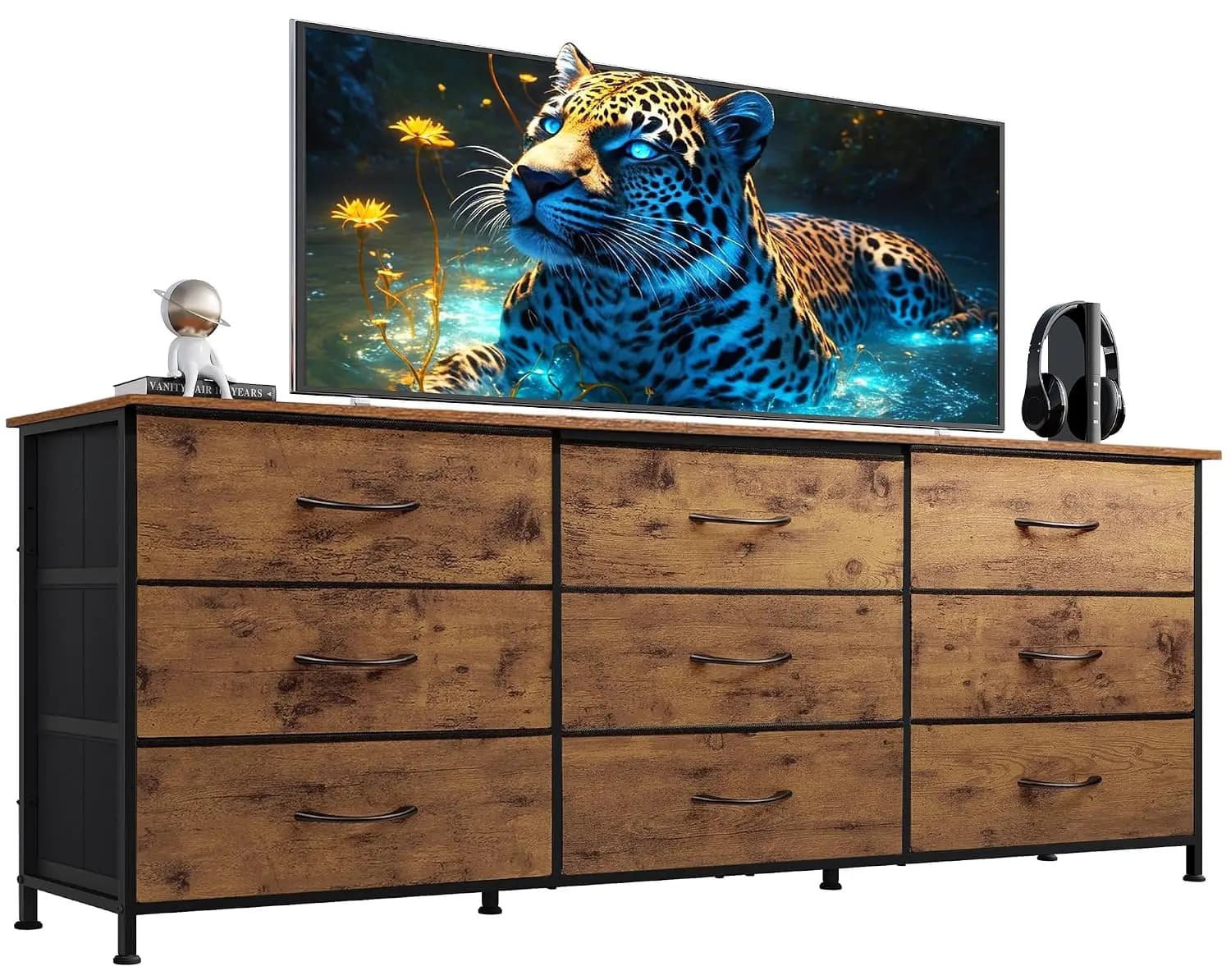 Dresser TV Stand for 75 Inch TV, 9 Drawer Dresser, Rustic Brown | Fits TVs up to 75 Inch, 9 Roomy Fabric Drawers, Customized
