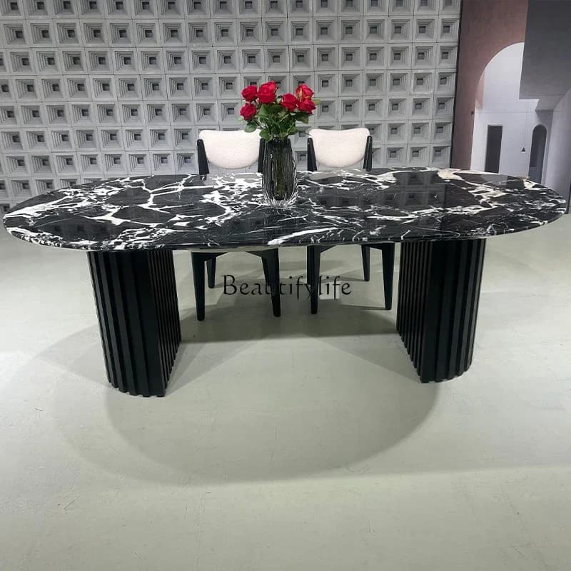 yj57 Natural black luxury marble dining table rectangular family villa Italian new dining table