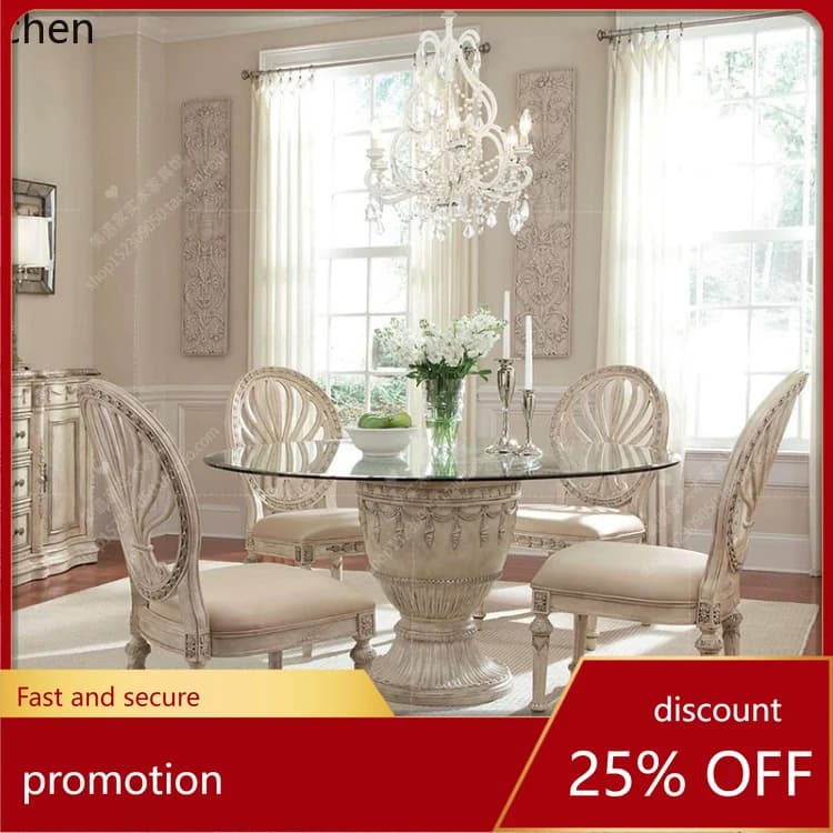 HXL Solid Wood Dining Chair Fabric Hollow Carved Leisure Round Back Chair