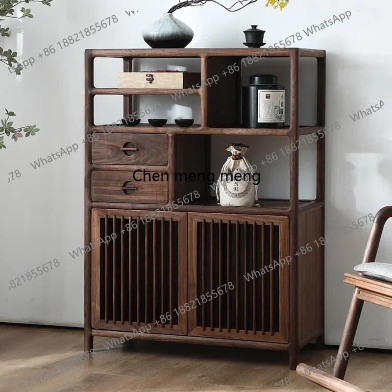 New Chinese-style all-solid wood living room storage bookshelf walnut partition display cabinet R