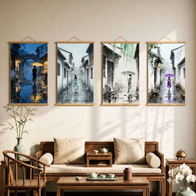 Jiangnan Rainy Alley Canvas Wall Art Hanging Scroll Chinese Water Town Landscape with Wooden Rods for Living Room