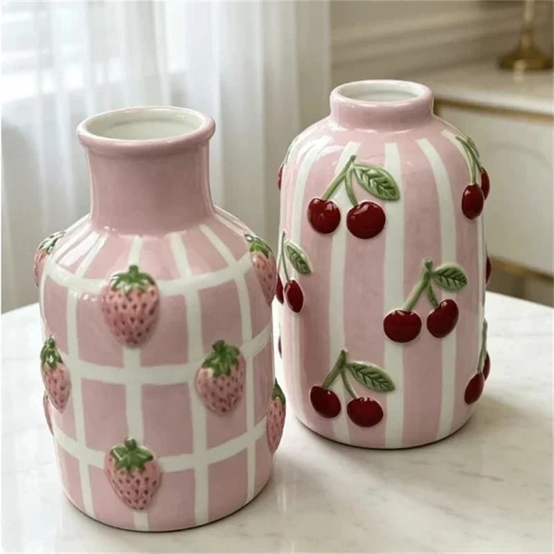 Cute Pink Embossed Strawberry Cherry Ceramic Vase Mini Flower Vase For Ins Aesthetic Home Desktop Decor Housewarming Gift