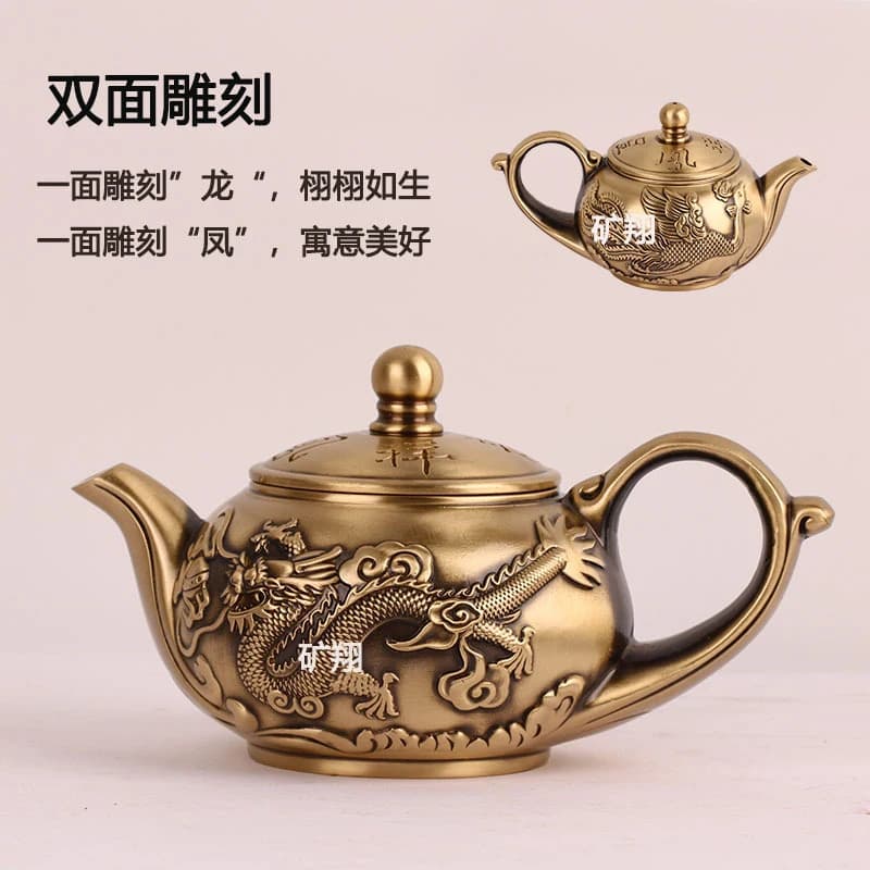 Copper tea pot with dragon phoenix design, home and office decorative craft, creative hand-held ornament
