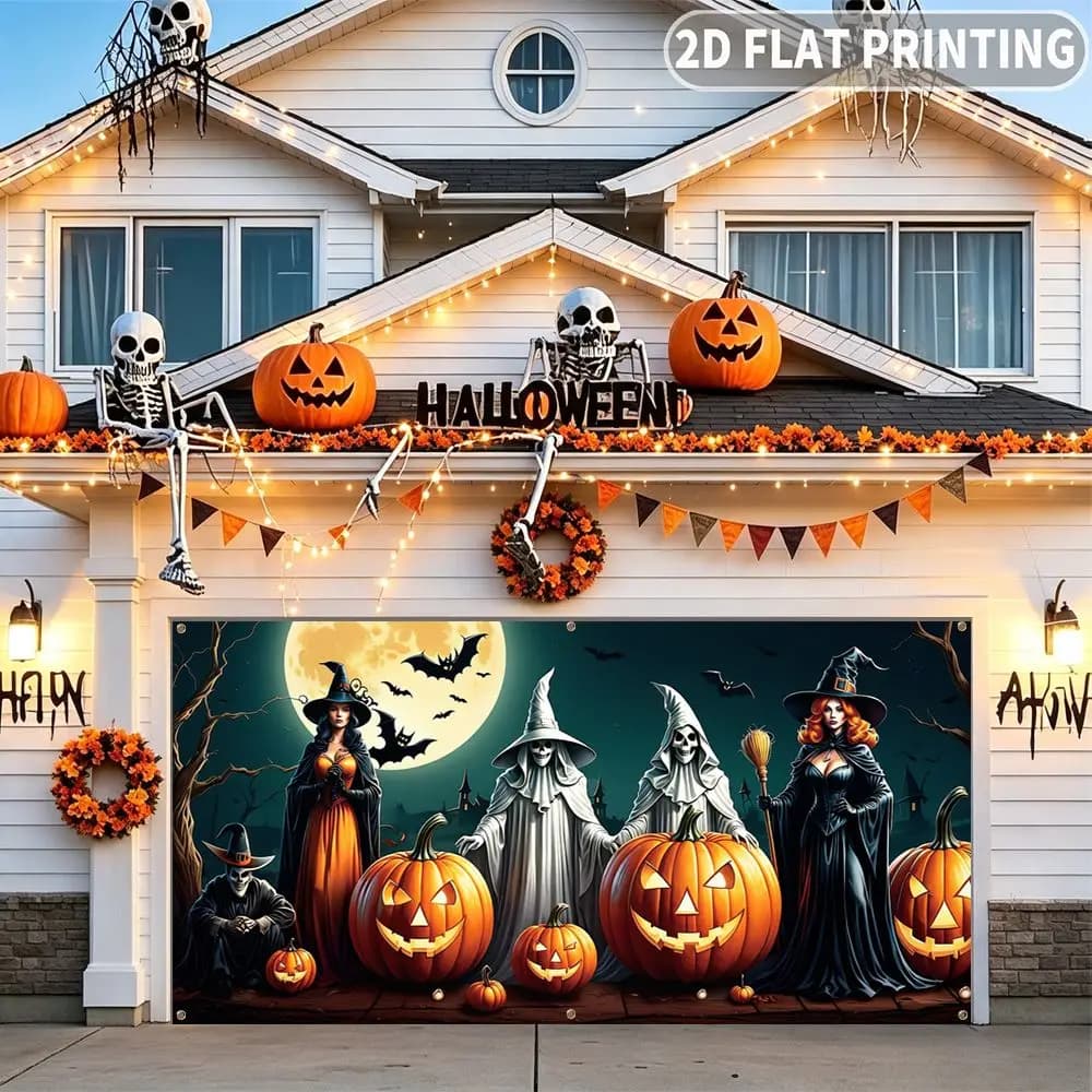 1pc 2D FLAT Halloween Party Garage Banner, Halloween Witches And Pumpkins Scene Pattern, No Power Need, for Garage Door Decor