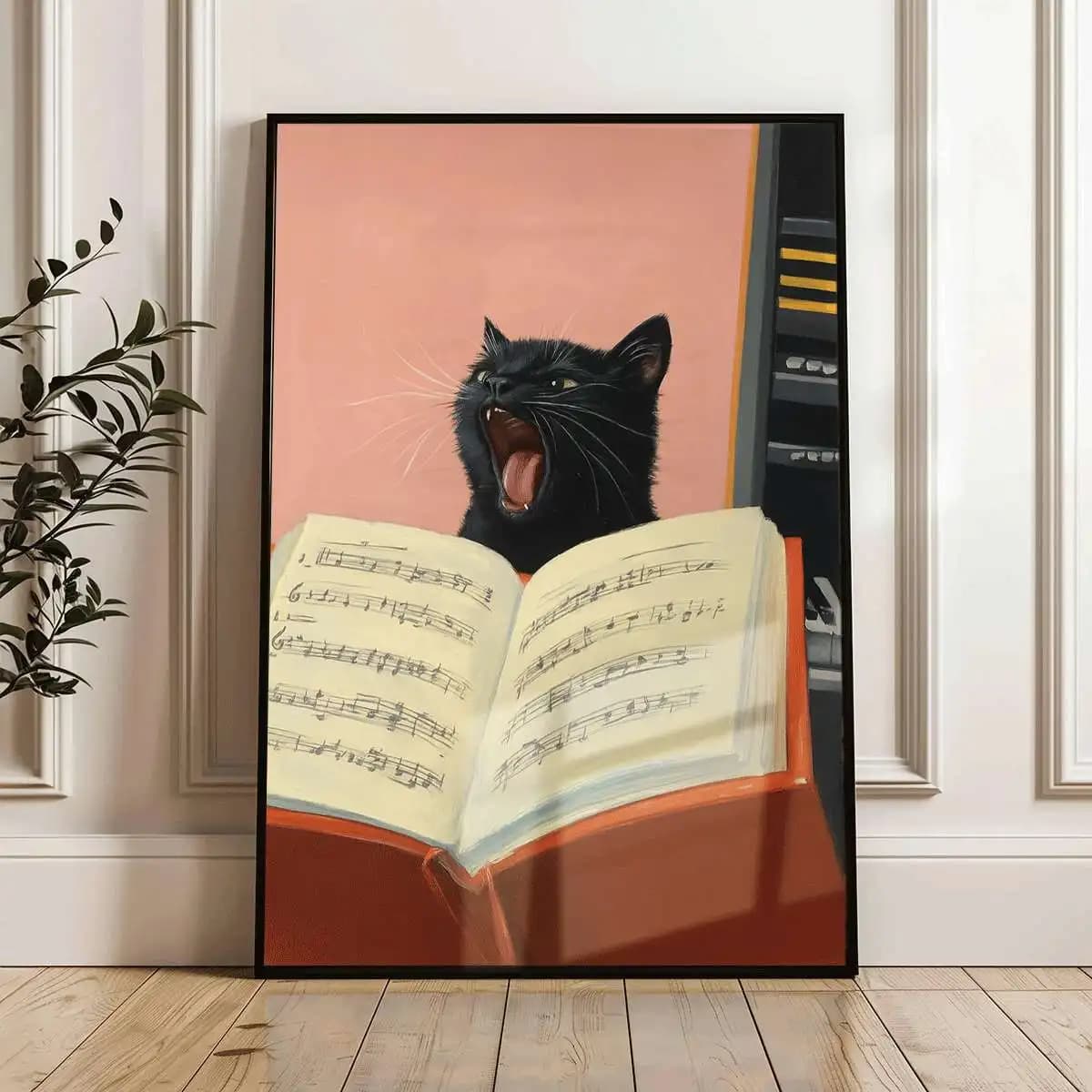 Vintage Singing Black Cat Music Sheet Canvas Poster Wall Art,2D Print Decor,Aesthetic Gift For Bedroom Study