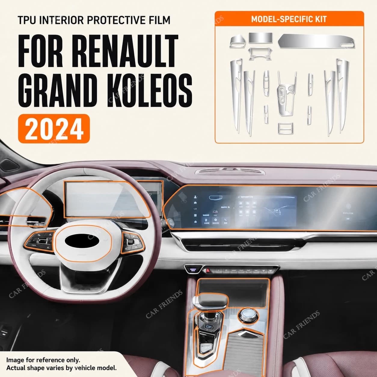 For Renault Grand Koleos 2024 Transparent TPU Interior Protective Film Center Console Dashboard
