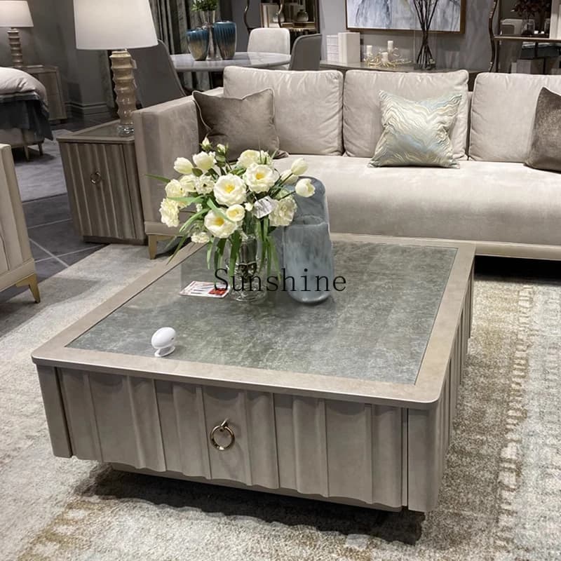 American light luxury retro coffee table TV cabinet combination glass silver foil square solid wood coffee table