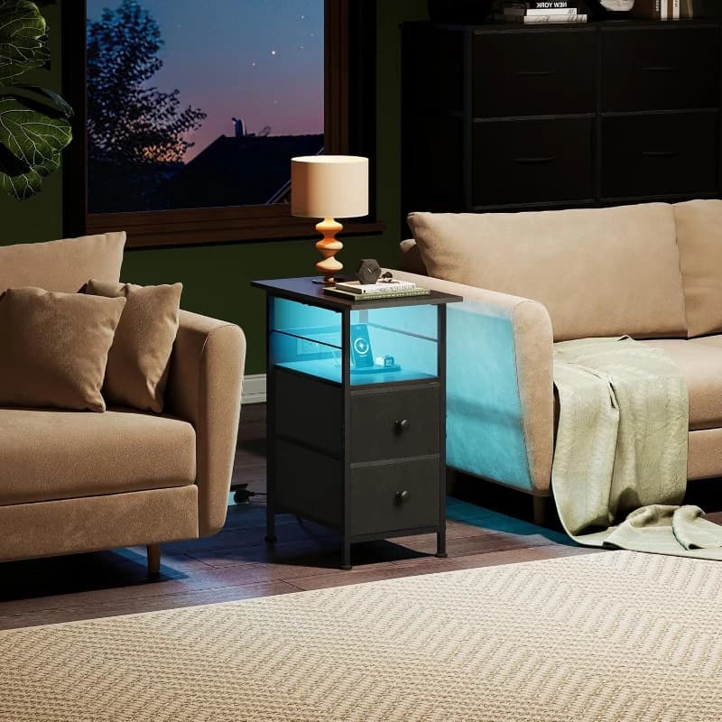 Charging Station End Table LED Light 2 Fabric Drawers and Open Shelf Black Bedside Tables Living Room Space Bedroom Night Stand