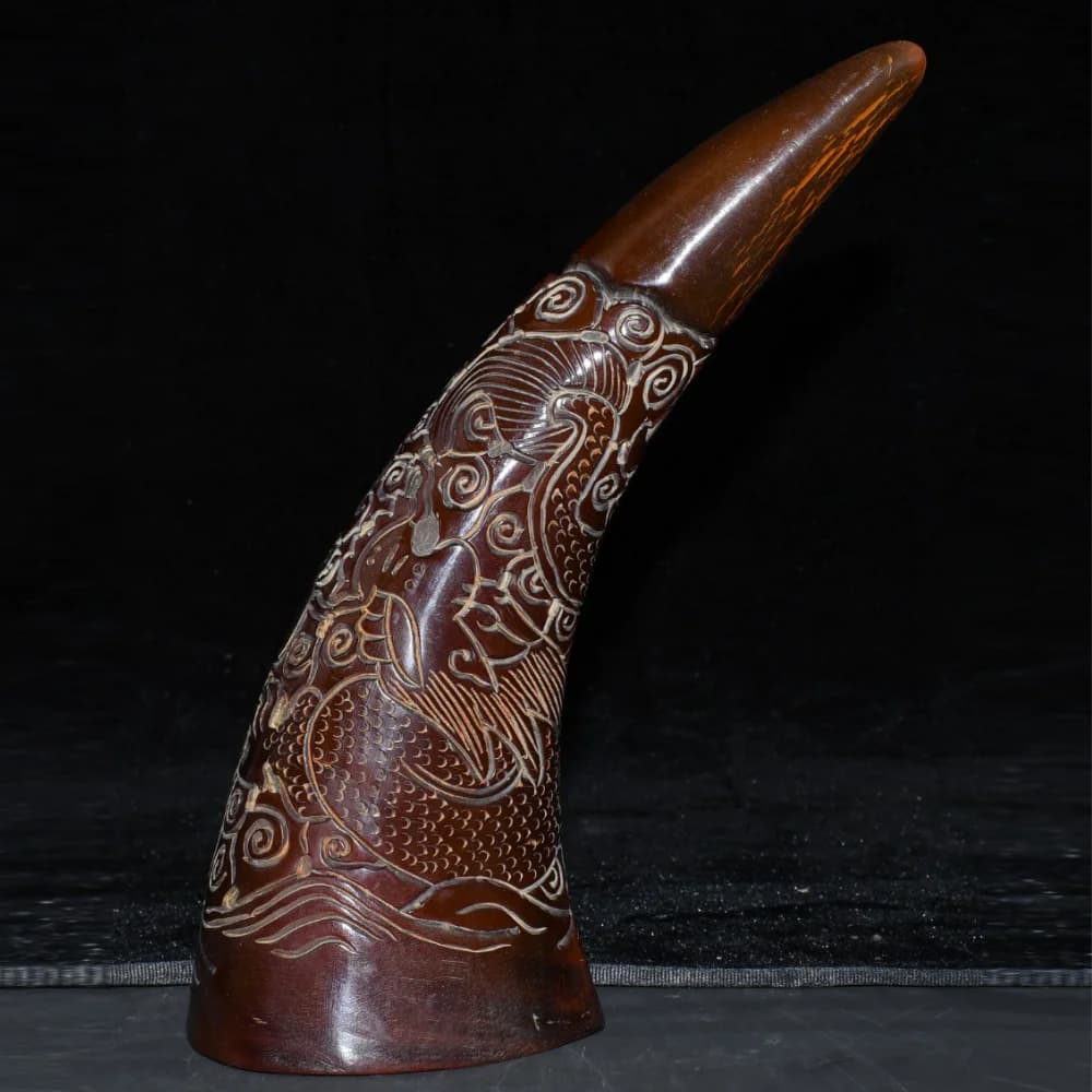 Natural Yak Horn Carved Chinese Dragon Statue Handmade Feng Shui Ornament Dragon Boat Cloud Sea Desk Decoration Gift