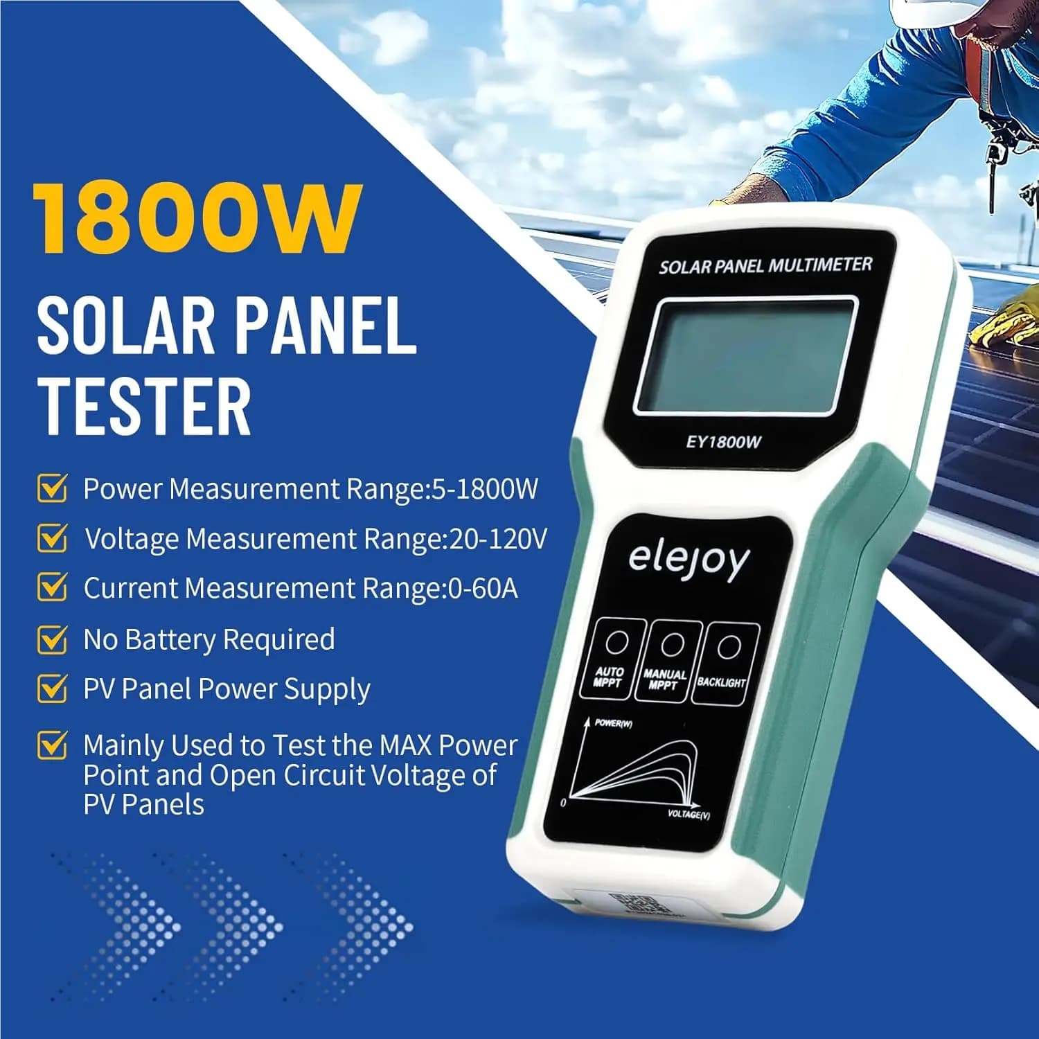 Smart MPPT LCD Display Solar Panel Multimeter Portable Tester for PV Systems 5W~1800W 20-120V 0-60A Auto/Manual 1800W/120V