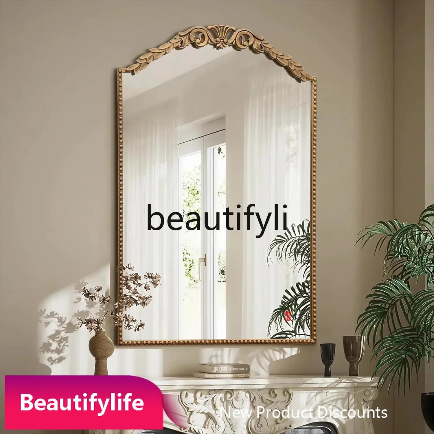 6239European Retro Light Luxury Bathroom Mirror Wall-Mounted Arched Vanity Mirror Fireplace Decorative Mirror