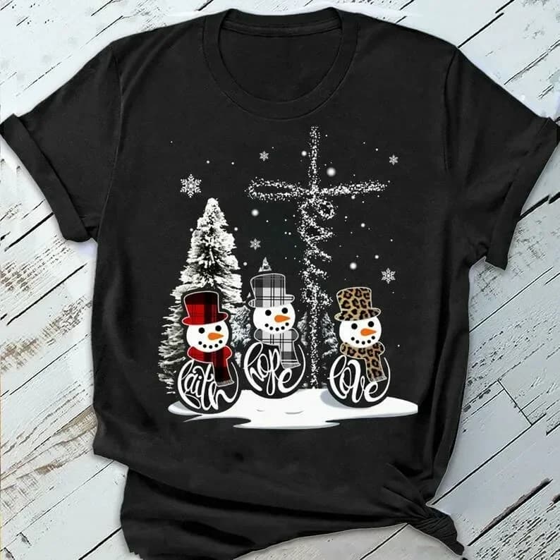 Snowman Faith Hope Love Jesus Cross Christian Christmas T-Shirt 100% Cotton O-Neck Short Sleeve Casual Mens T-shirt Size S-3XL