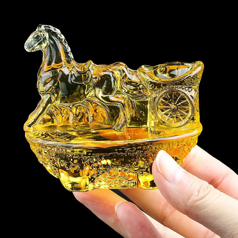 Lucky Fortune Horse Steed Cart Ingots Golden Crystal Glass Colored Glaze Money Feng Shui Ornament Mascot Figurines Desk Crafts