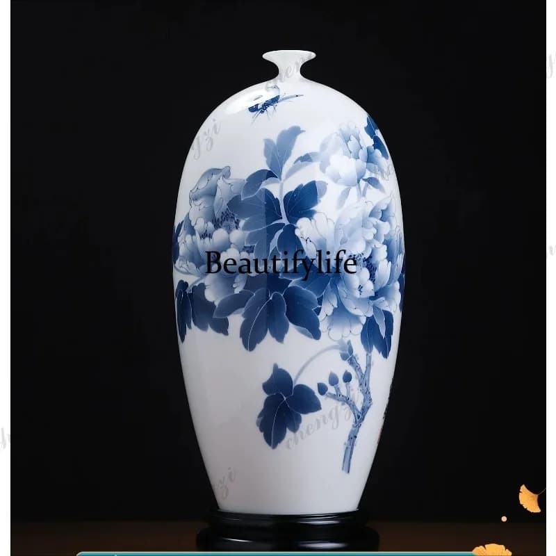 Chinese ceramic hand-painted peony vase home living room study decoration collection ornament housewarming gift