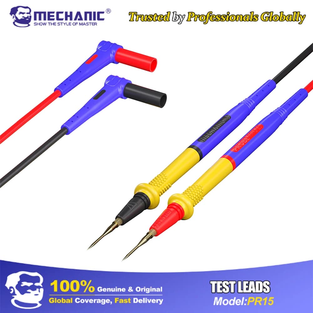 MECHANIC Multimeter Test Leads with Interchangeable Tips, 0.1mm Fine Gold-Plated Probes, Flame-Retardant Silicone Wire
