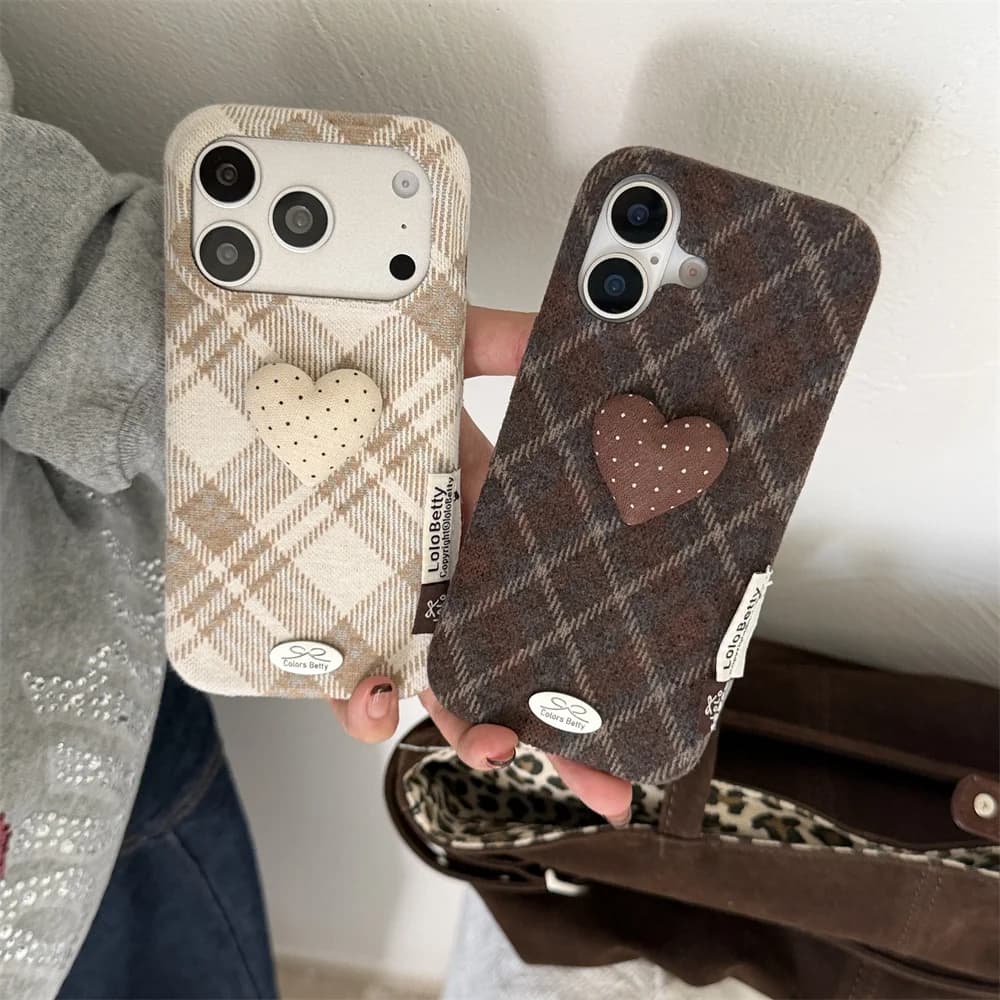 Vintage Warm Woolen Diagonal Plaid Puffy Dot Heart Phone Case 2 Colors For iPhone 18 17 16 15 Pro Max Korea Aesthetic Cover