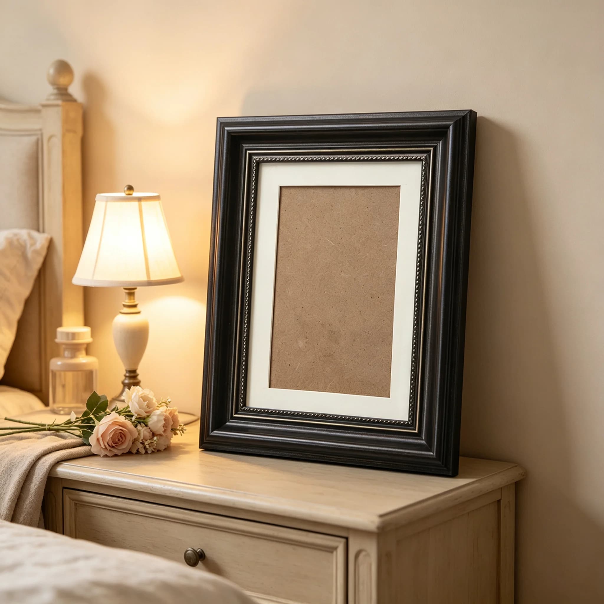 Vintage Dark Replicated Wood Photo Frame with White Mat, Antique Gold Beaded Trim Decorative Picture Frame for Living Room Decor