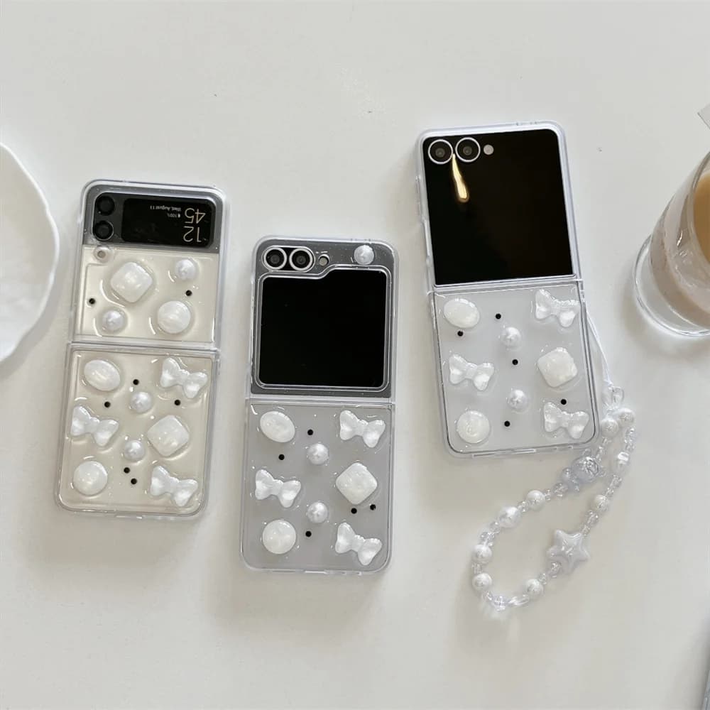 3D Pearl Bow Decor Phone Case For Samsung Galaxy Z Flip 8 7 6 5 Clear Hard Cover Stereo Pearl With Star Pearl Beaded Wrist Strap