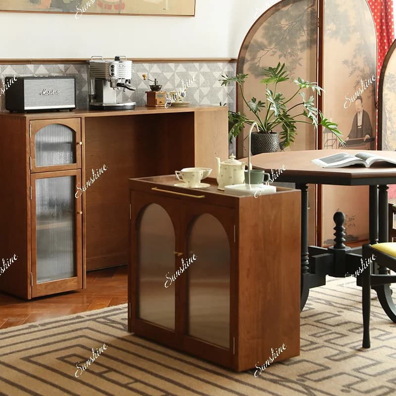 Removable, sofa side cabinet, solid wood retro wall-facing household simple cart cabinet