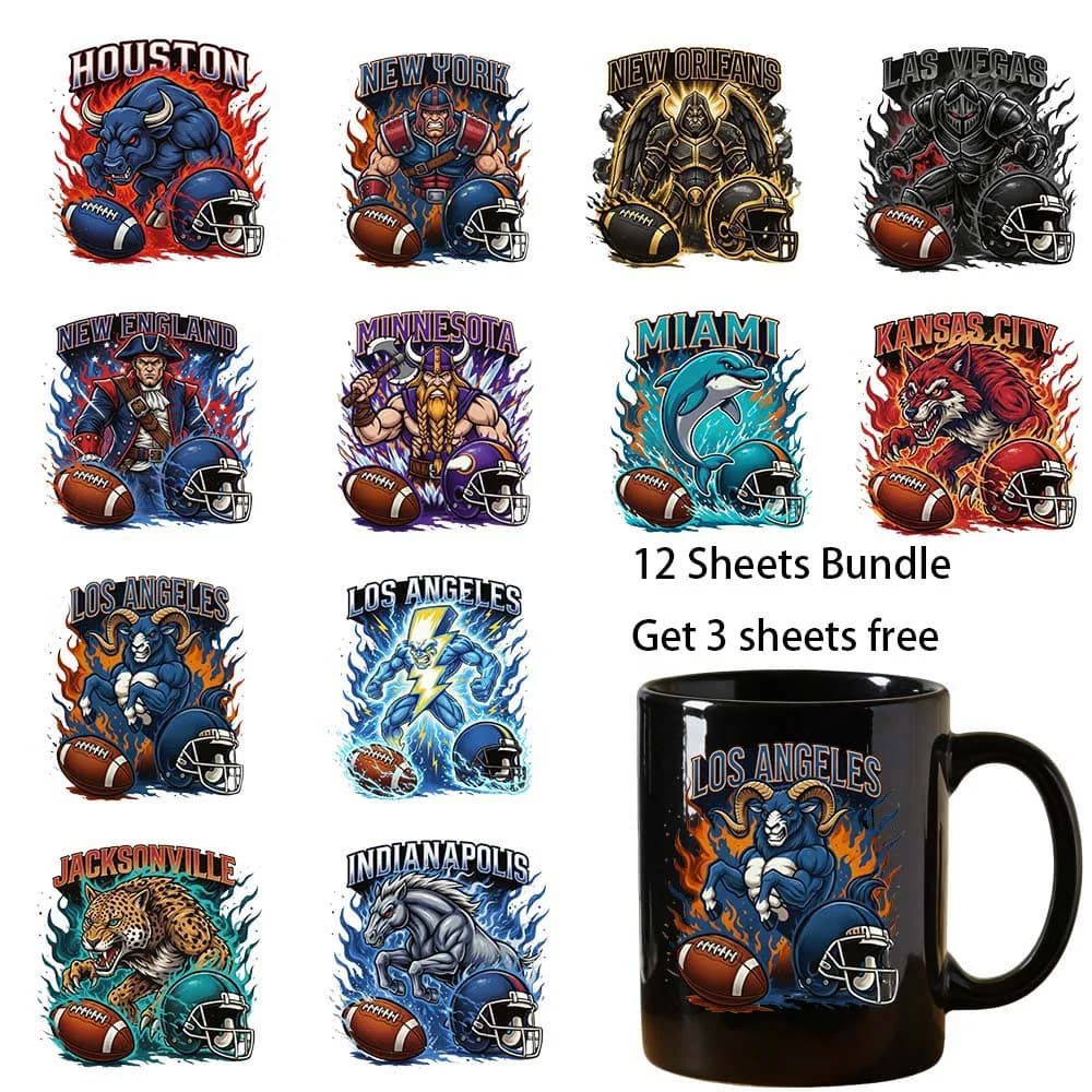 12 sheets bundle 4 inches Football team UV Sticker Party DIY Decals 3D transfers uvdtf tumbler stickers 16oz uv dtf cup wraps
