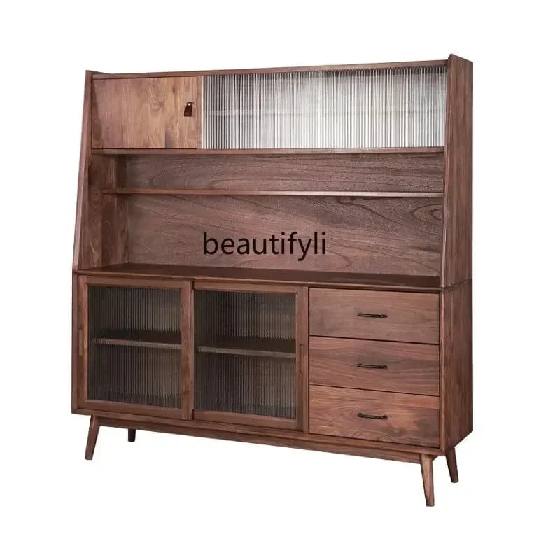 R11 Black Walnut Solid Wood Sideboard Cabinet Japanese Kitchen Household High Cabinet Cupboard Wine Cabinet