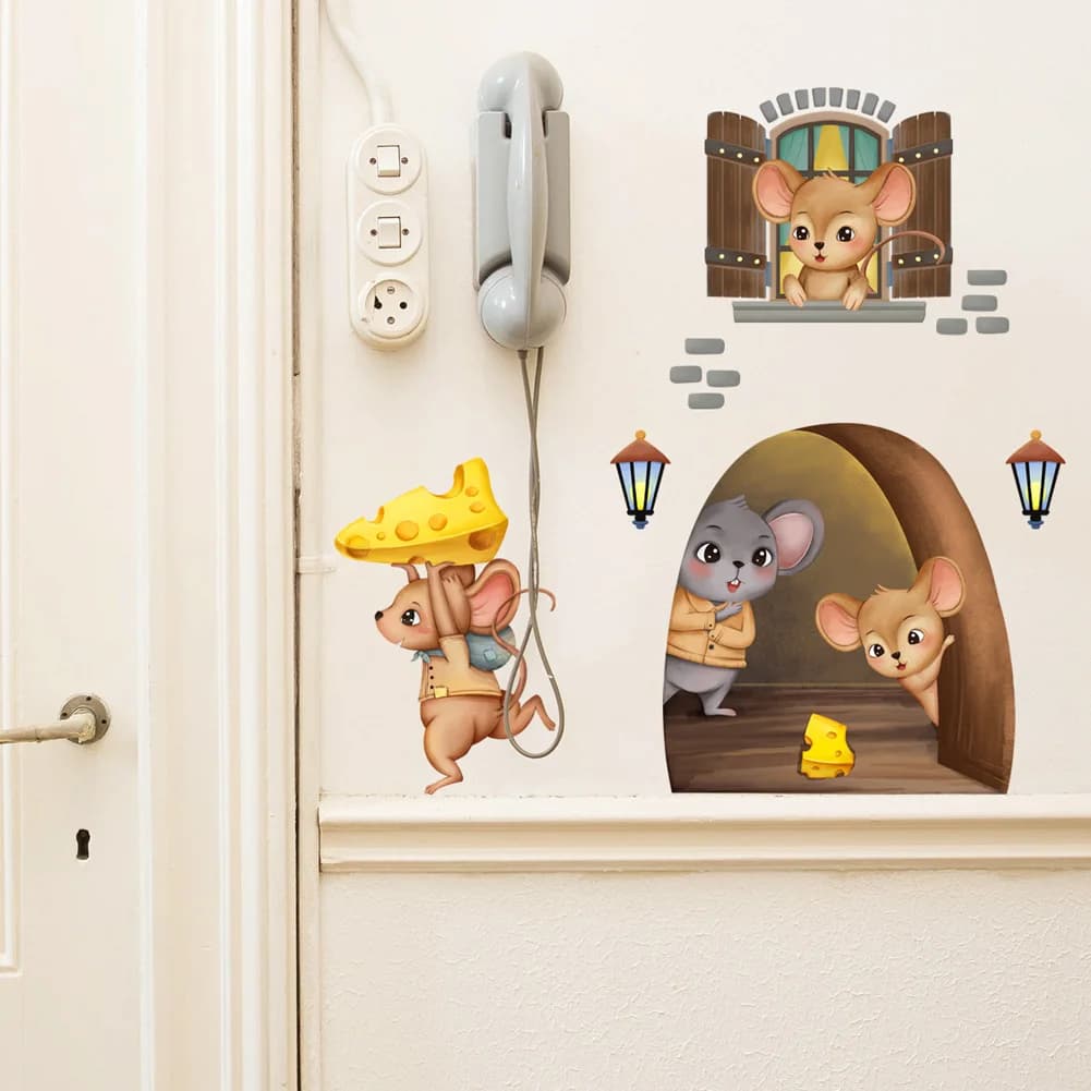 Cartoon Little Mouse Hole Wall Sticker For Kids Room Decoration Mural Bedroom Home Decor Cute Animals Self-adhesive Wallpaper