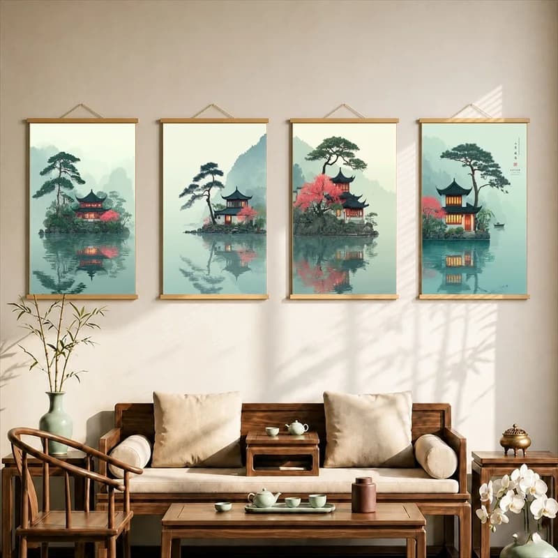 Home Decor Items Antique Vessel and Flower Still Life, Wabi Sabi Decor Pearlescent Canvas Hanging Scroll Decor for Tea House