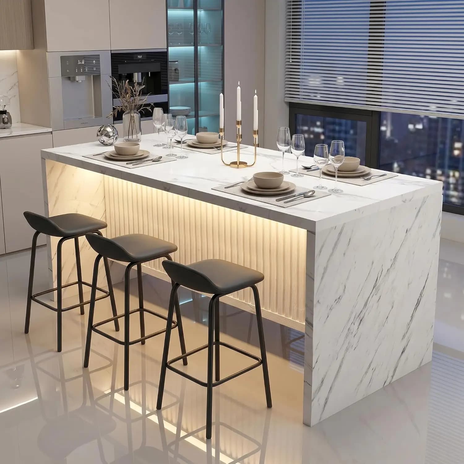 71’’ Large Faux Marble Dining Table for 6 People, 37.4’’H Tall Modern Kitchen Island with LED Lights, Rectangle, Customized